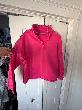 Bright Hot Pink Half-Zip Cropped Pullover Sweatshirt